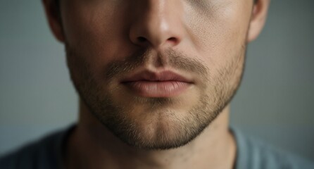 Obraz premium close-up of a young man's lips and stubble with neutral expression against a gray background.