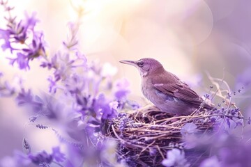 Nestled amid blooming purple flowers, a small bird perches quietly in its cozy nest, embodying a peaceful slice of nature during a sunny day