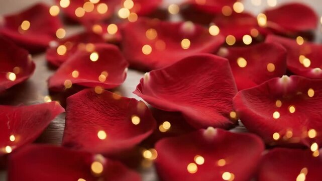 Close Up of Deep Red Rose Petals Scattered on Wood with Golden Bokeh Lights