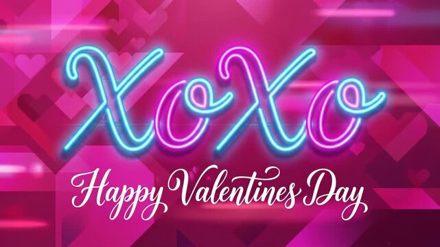 Neon XoXo Text Floating over Happy Valentines Day Calligraphy on Pink Heart Background