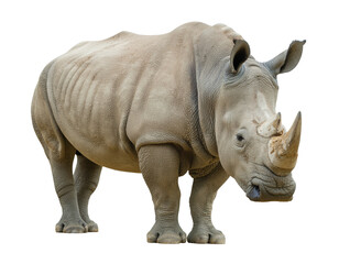Obraz premium White rhinoceros standing on grassy terrain with thick armored skin and prominent horn