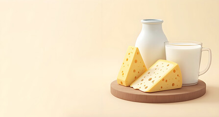 A delightful variety of Swiss cheese wedges, a glass milk bottle, and a filled mug are neatly arranged on a wooden cutting board against a soft beige background