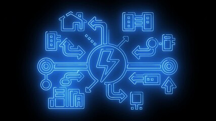 Neon-lit blue illustration of a lightning bolt surrounded by various icons and symbols on a black background with a futuristic feel.