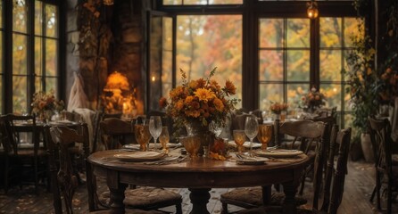 autumnal wedding reception dinner table setting with warm floral arrangement and cozy rustic interior view.