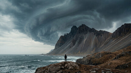 A lone person stands on a rocky coastline, gazing out at the turbulent ocean under a swirl of dark, moody storm clouds looming over the jagged peaks of Vestrahorn mountain in Iceland.