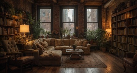 cozy vintage living room with books, plants, and warm lighting on a rainy day.
