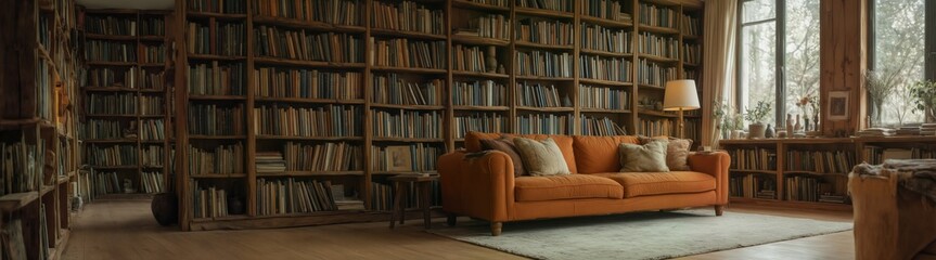 cozy home library with orange sofa and full bookshelves near a window