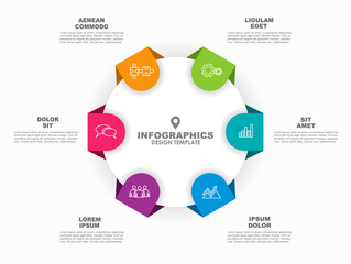 Fototapeta na wymiar Circular infographic with segments and icons, ideal for business, analytics, teamwork, and visual presentations. Vector illustration.