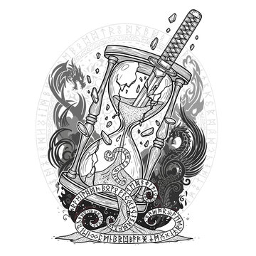 Shattered Time Guardian &ndash; Surreal Hourglass and Blade Concept Illustration
