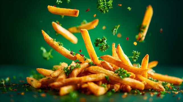 Crispy golden french fries falling with parsley and spices