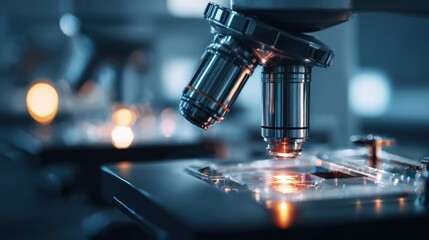 advanced laboratory microscope with glowing light focus for scientific research laboratory setting