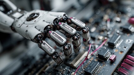 Advanced robotic hand assembling electronic components on circuit board for automation innovation