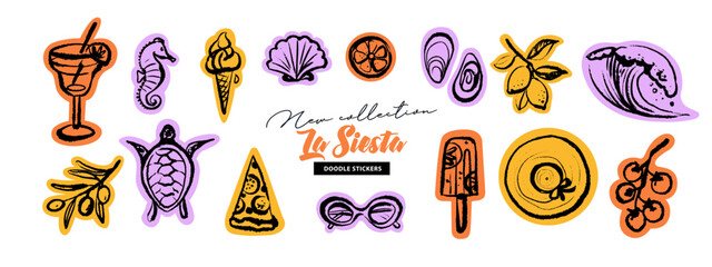 Hand drawn sketch tropical sticker set. Dolce vita summer vibe. Vintage summer Italy Mediterranean coastal vacation collection. Vector isolated illustration © pim