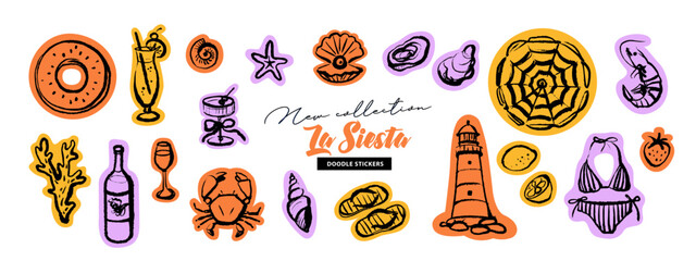 Hand drawn sketch tropical sticker set. Dolce vita summer vibe. Vintage summer Italy Mediterranean coastal vacation collection. Vector isolated illustration © pim