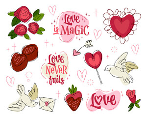 A charming retro-style illustration featuring Valentine's Day elements. The scene includes pink hearts, roses, doves, and strawberries, all rendered in playful typography. 
