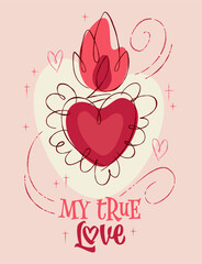  My True Love. A charming retro-style illustration depicting a heart with a whimsical flourish, accompanied by smaller hearts and sparkles.