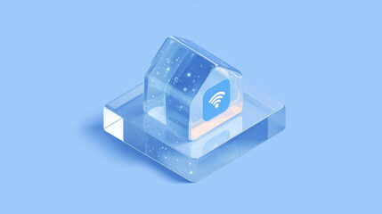 Transparent glass house with Wi-Fi symbol inside, representing smart home technology. symbolizing connectivity and smart living.