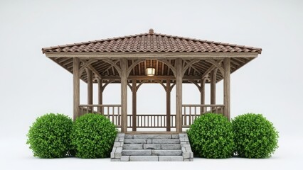 Fototapeta premium Serene gazebo with stone steps and lush greenery