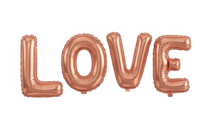 Luminescent rose gold foil balloons forming the heartfelt word 'love' against  isolated on transparent background