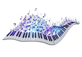 Musical piano keys with notes isolated on transparent background
