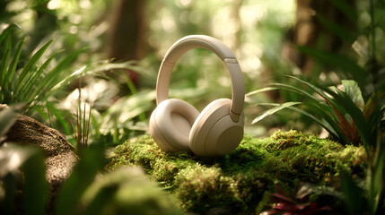 Wireless headphones resting on moss in lush forest environment