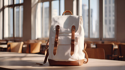 White canvas backpack sitting on desk in classroom