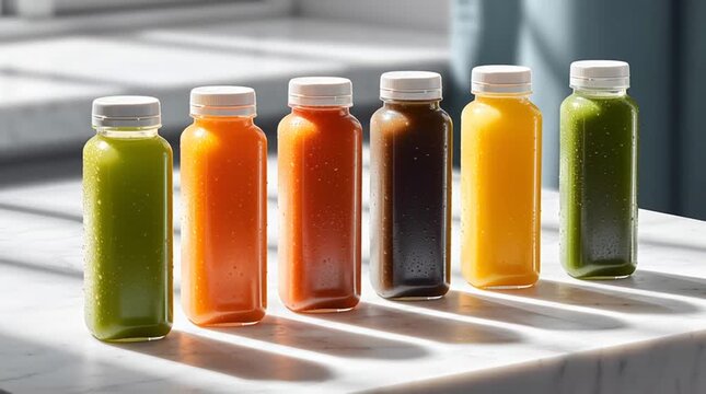 Colorful juice bottle row in sunlight, fresh organic drink container, healthy detox beverage variety, vibrant refreshment, plastic bottle assortment