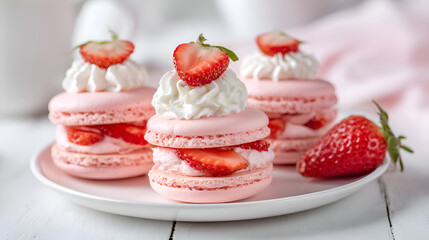 Pink strawberry macarons with whipped cream and berries