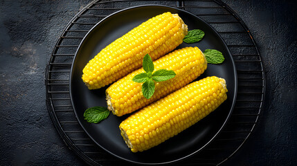 Sweet corn cobs on black plate with mint