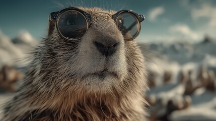 Groundhog face in black sunglasses against the background of blue sky, sun, snow and mountains, Groundhog Day
