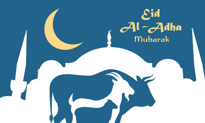 Traditional Eid Al Adha Mubarak greeting with mosque skyline, crescent moon and sacrificial animals © Tetiana