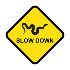 Warning symbol with silhouette of a snake and the text slow down