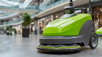 Obraz premium Professional floor scrubber close-up on the flooring in the shopping center. For cleaning, room service, cleaning themes.