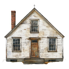 Old wooden house with weathered exterior and wooden door located in a rural setting on transparent background