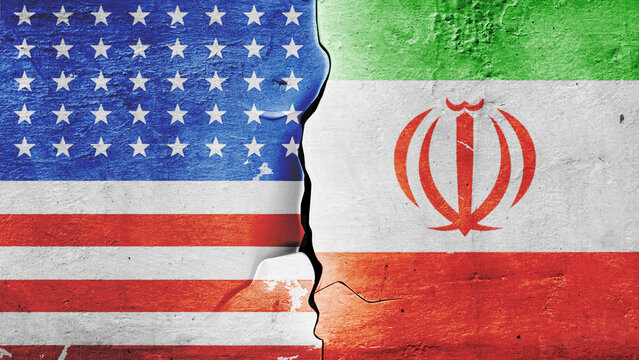 flag of the United States of America and the flag of Iran on the wall