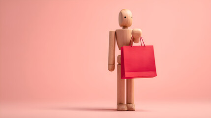 Wooden mannequin carrying red shopping basket on pink background