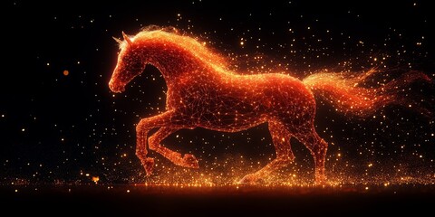 Red zodiac horse running through confetti coins, symbolizing prosperity, luck, and Lunar New Year celebration.