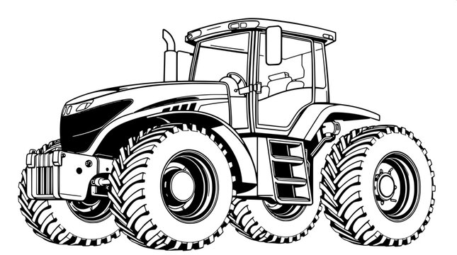 Black and white tractor line drawing in industrial design style with highly detailed tire treads and a clean vector illustration aesthetic, featuring bold lines and precise geometric shapes, with no b