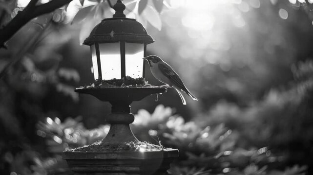 Bird resting on light fixture in garden setting with bokeh sunlight.