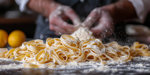 Chef prepares fresh pasta and flour in kitchen Generative AI