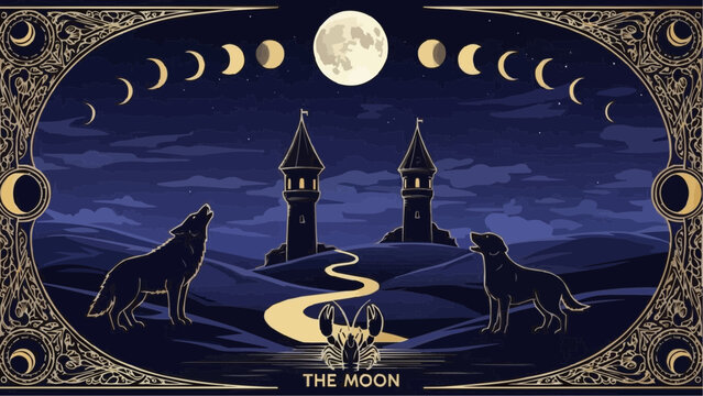 A mystical illustration depicts a full moon silhouetted castles and howling wolves under a dark night sky within an ornate