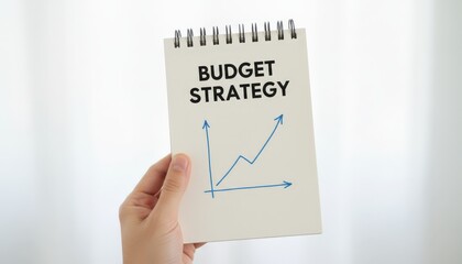 Hand holding a spiral notebook with budget strategy text and an uptrending chart drawn, representing financial planning, business growth, and money management concepts for effective decision making