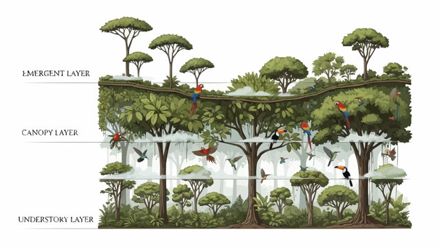 A detailed illustration depicts the different layers of a rainforest ecosystem showcasing vibrant birds and lush foliage
