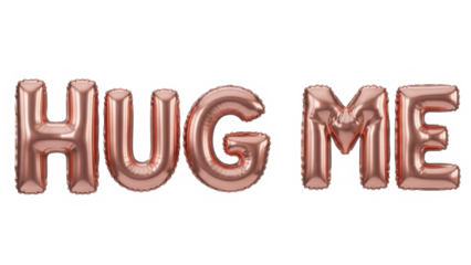 Shiny rose gold foil balloons spelling out 'hug me' for a heartfelt invitation on black isolated on transparent background
