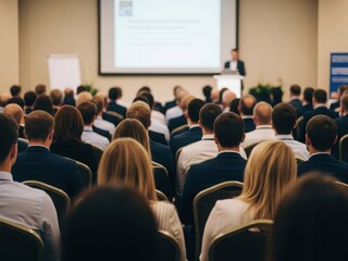 Business conference audience listening to speaker in conference hall