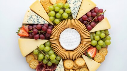 Delicious cheese platter with fresh fruits and crackers