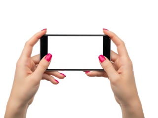 Woman hands holding smartphone horizontal with blank white screen and bright pink nails mobile phone