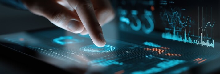 Finger touching futuristic digital screen displaying data, graphs, and network connections. Concept of data analysis, business intelligence, and digital transformation