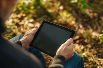 Man's hands holding black screen tablet outdoors. Sunlight illuminates scene with blurred green and brown foliage in background. Relaxing and enjoying technology in nature