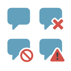 Obraz premium Set of 4 Flat Vector Speech Bubble Icons – Normal, Muted, Blocked, and Warning Variants, Consistent Style, Simple Shapes, Solid Colors